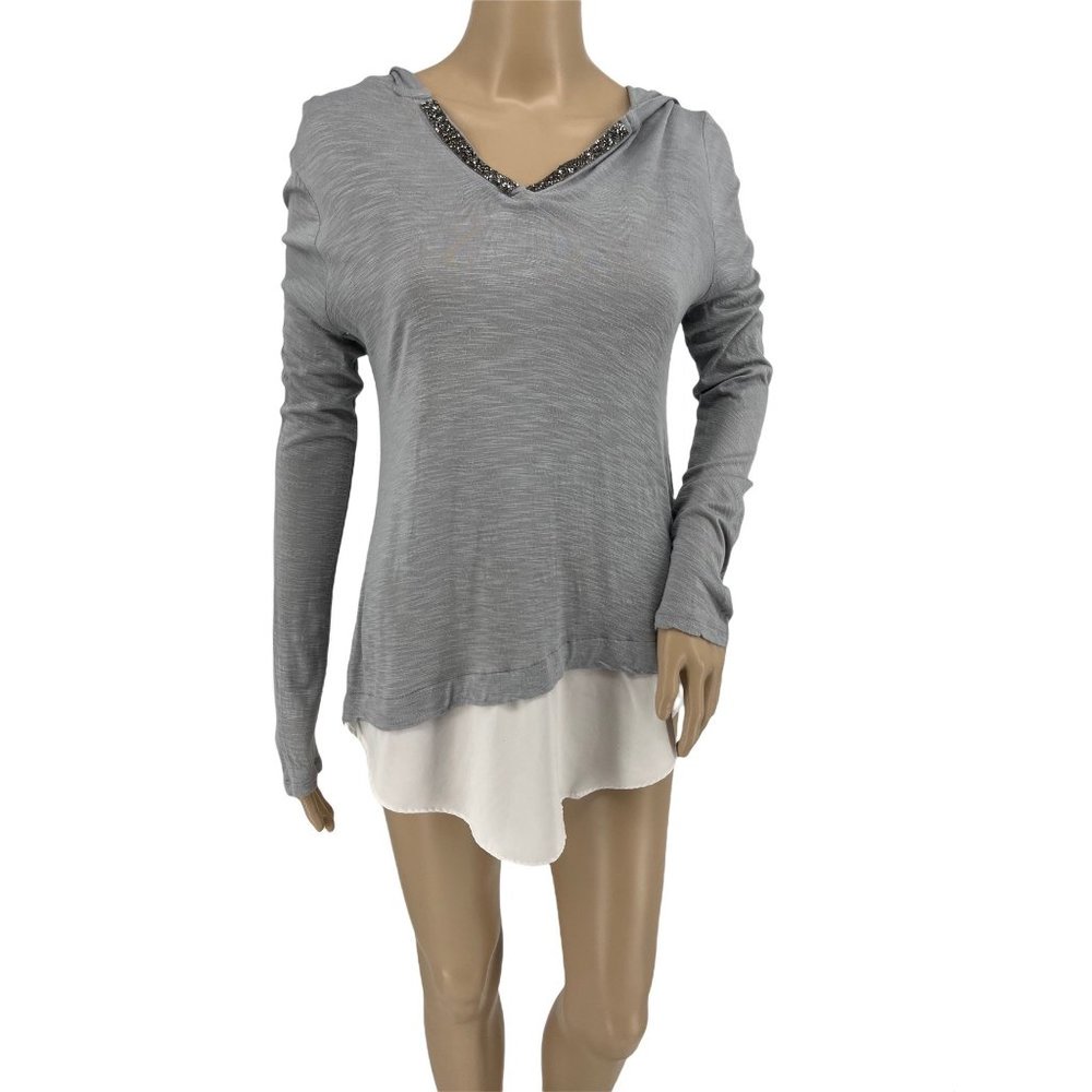 Juicy Couture hoodie top small hi lo gray bling white contrast
